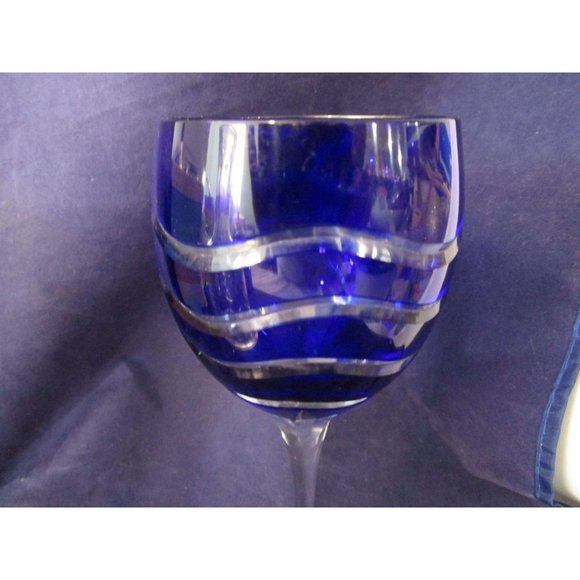 Cobalt Cut to Clear Wavy Lines Crystal Bohemian Wine Glass Unmarked Flawed - Picture 7 of 16